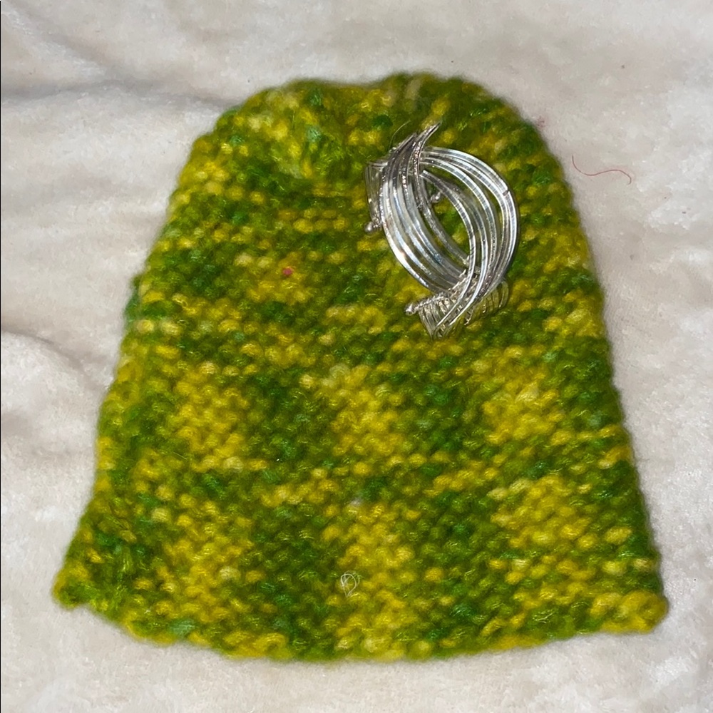 Vintage Green and Yellow Knit Beanie with Silvertone bangle